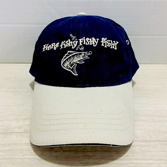 Here Fishy Other - Here Fishy, Fishy Hat Navy Blue & Tan. 100% Cotton. Adjustable Strap.